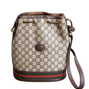 Gucci Vintage Beige and Brown Logo Canvas Bucket Bag